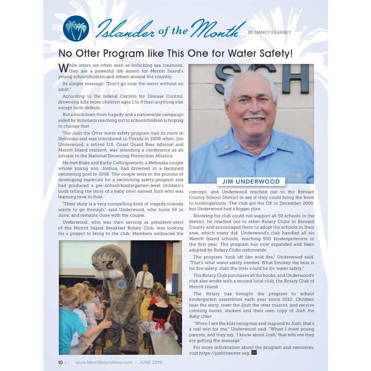 mibrotary's tweet photo. Article from the June issue of Merritt Island Now magazine on Club member James Underwood's early effort in starting "Josh the Otter" water safety and awareness project in the area and how this program has taken off nationwide. https://t.co/TNLFzehsxU