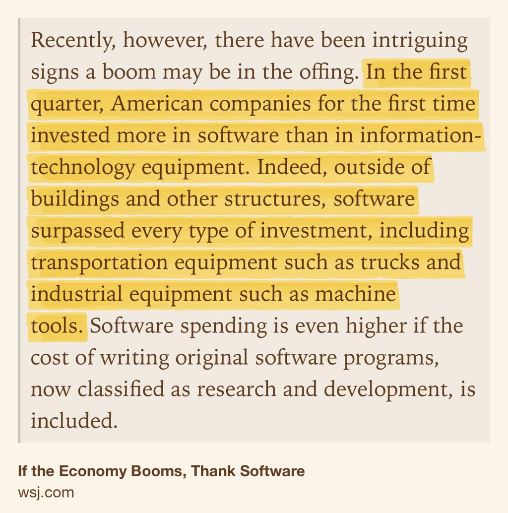 Text Shot: Recently, however, there have been intriguing signs a boom may be in the offing. In the first quarter, American companies for the first time invested more in software than in information-technology equipment. Indeed, outside of buildings and other structures, software surpassed every type of investment, including transportation equipment such as trucks and industrial equipment such as machine tools.…