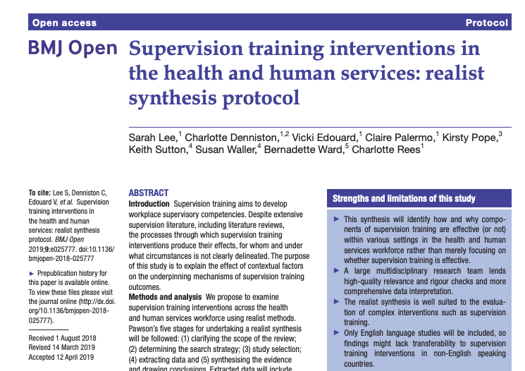Monash_MCSHE's tweet photo. #Supervision training interventions: #realist synthesis protocol just published in @BMJ_Open: https://t.co/HHQCtAnZ5C Looking forward to seeing findings soon! @MissSarahLLee @ClairePalermo @charlreessidhu @charlotden @VickiEdouard @PopeKirsty #MedEd #HPE @EveHuangTI @VicGovDHHS https://t.co/cy0TQnCd8G