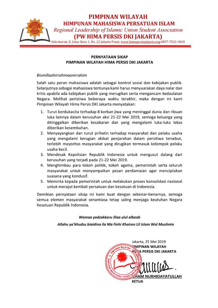 Pernyataan Sikap Pimpinan Wilayah Himpunan Mahasiswa Persatuan Islam Daerah Khusus Ibukota Jakarta
Terkait Aksi 21-22 Mei 2019 silam
.
#PernyataanSikap #Himapersis #dkijakarta #Pemilu #Pilpres