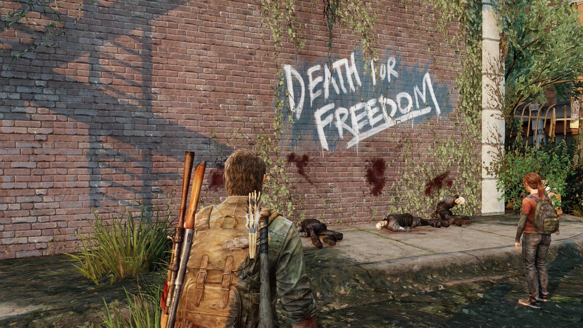 jordan_TLOU's tweet photo. "Death for freedom". Seems like something one would say in a post-apocalyptic world where there is no central government to enforce the rules that allow people to have freedom. Now, freedom is acquired by killing people. #PlayingWithTheEnd19 https://t.co/J5cZqzOBeo