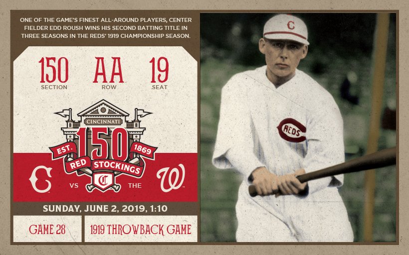 JansenDell's tweet photo. 2019 @Reds Season Ticket Game 28: One of the game’s finest all-around players, center fielder Edd Roush wins his second batting title in three seasons in the Reds’ 1919 championship season. #BornToBaseball #ThrowbackUniform https://t.co/ALmSGGE5r6