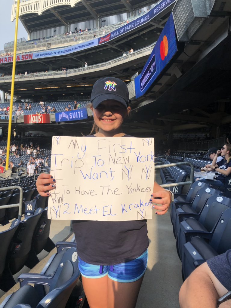 Someone is super excited to be in NYC watching the Yankees play! #BOSvsNYY