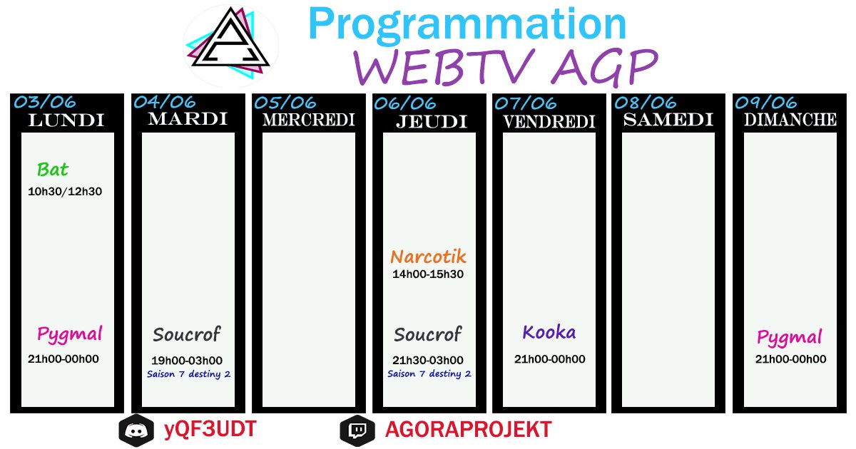 AGPEsport's tweet photo. On tourne la page du calendrier et on repart pour une nouvelle semaine de programmation sur la WEBTV. 

Retrouvez nos streamers @KookA_7 @Soucrof @ArKaNoXD12 @PygMal06 @BatR6S et Narcotik 

Voici le liens de la #Webtv https://t.co/ntOVGSkG1V https://t.co/RNI8Cjgwp4