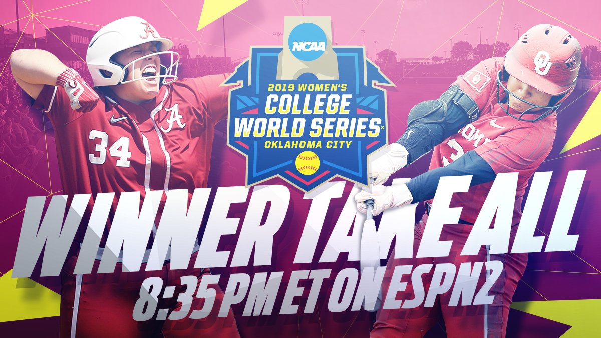 One more game for a spot in the Championship Series.

<a href="/AlabamaSB/">Alabama Softball</a> 🆚 <a href="/OU_Softball/">Oklahoma Softball</a> 
⏰ 8:35 p.m. ET
📺 ESPN2

#WCWS