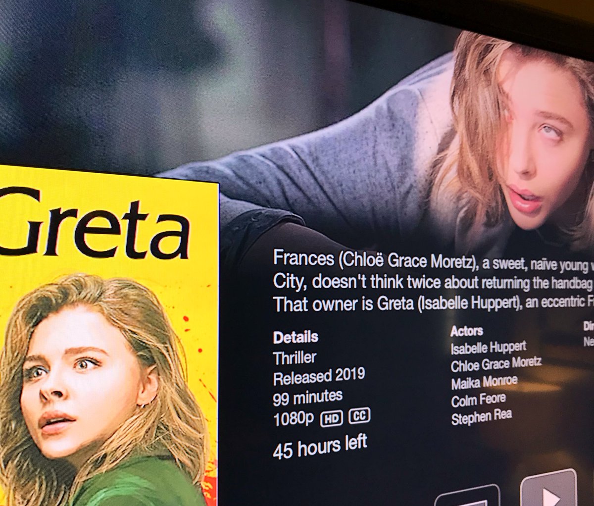 The movie playing the in background is GRETA, which is v. cool. Question for  @ChloeGMoretz, what would happen if a new girl shows up with a bag while the current girl is out of the box?