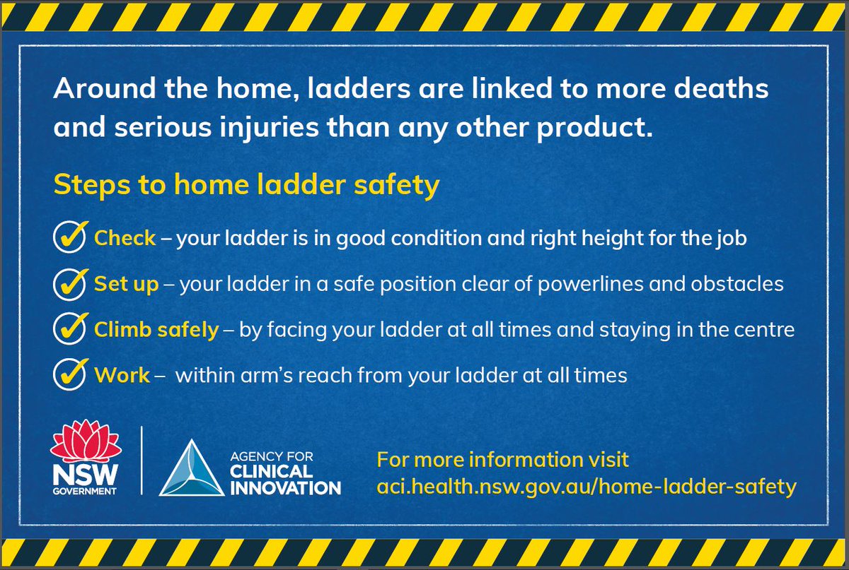 Stay safe while you're #renovating, cleaning the gutter or simply changing a light globe. The new Steps to Home Ladder Safety web resource has all the do’s and don’ts of ladder use in the home bit.ly/2uS4gr7 #homeladdersafety <a href="/nswaci/">NSW Agency for Clinical Innovation</a> <a href="/nswitim/">NSW ITIM</a> #DIY #renovation