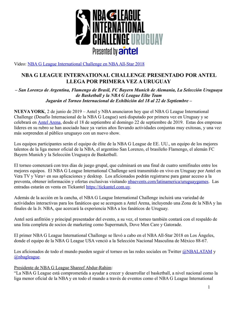 fubbuy's tweet photo. Bienvenida la @nbagleague a Uruguay. Del 18 al 22 de setiembre, se disputará la NBA G LEAGUE INTERNARIONAL CHALLENGE en el @antelarena @AntelDeTodos https://t.co/bT5gWD5XSf