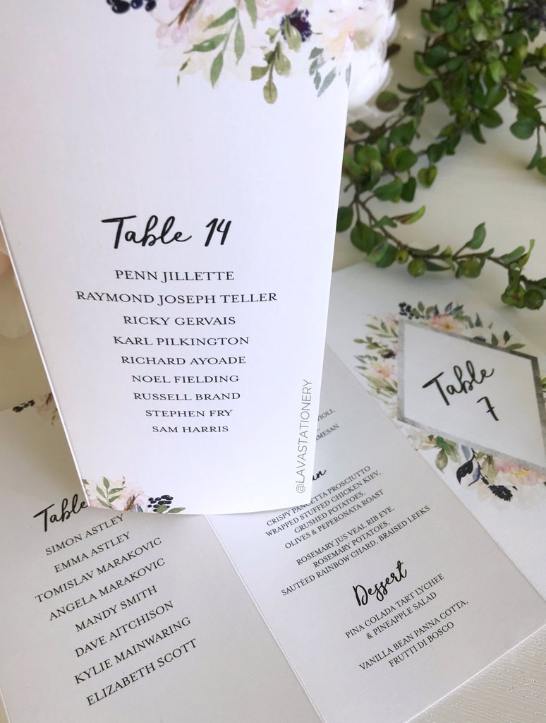 Three panel menu stands for Renée & Sebastian. These are brilliant because they double up as #TableNumbers!

Yes I had a bit of a laugh and included an extra menu for myself with some of the celebrities I'd love to share a table with! 😂

•••

#weddingmenu #weddingtablenumbers