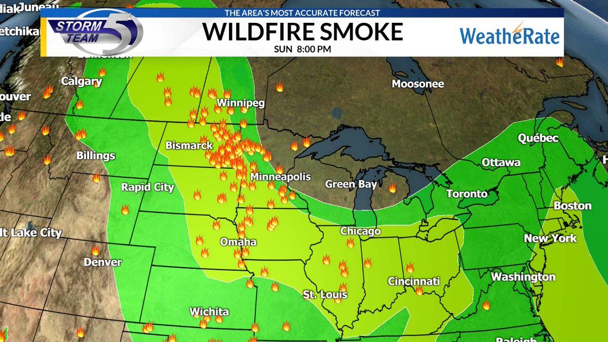 Multiple wildfires are burning to our west this evening. The smoke from those fires is thickest to our west and south in the yellow shaded areas. That plume of smoke will eventually pass over Wisconsin on Monday creating hazy conditions at times.