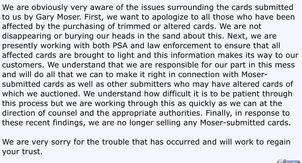darrenrovell's tweet photo. Brent Huigens of PWCC, eBay’s highest grossing trading card dealer with $50M+ in annual sales, is on the ropes tonight after message boards have discovered that PWCC was involved in altering some cards they sold. Here is Huigens statement, which doesn’t deny the allegation: https://t.co/EJDtlMdbYS
