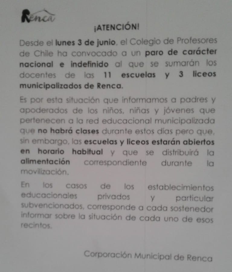 #Renca
PARO NACIONAL DE DOCENTES, LUNES 3 DE JUNIO
Compartimos información oficial. Si bien las clases estarían suspendidas, los establecimientos municipales estarán abiertos y entregando la alimentación correspondiente.