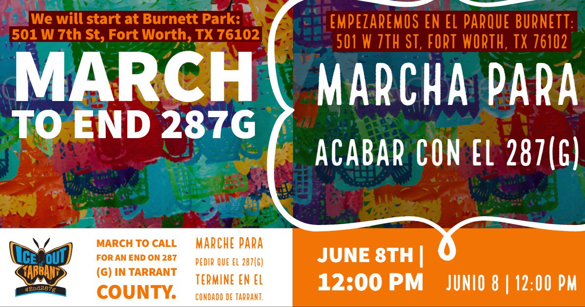 It is imperative that we stand up against 287(g) and say BASTA to poli-migra in Tarrant County! Come march with us and @IceoutofTarrant to demonstrate our opposition to the vile 287(g) agreement!

#End287g #AltoTarrant #FueraICE