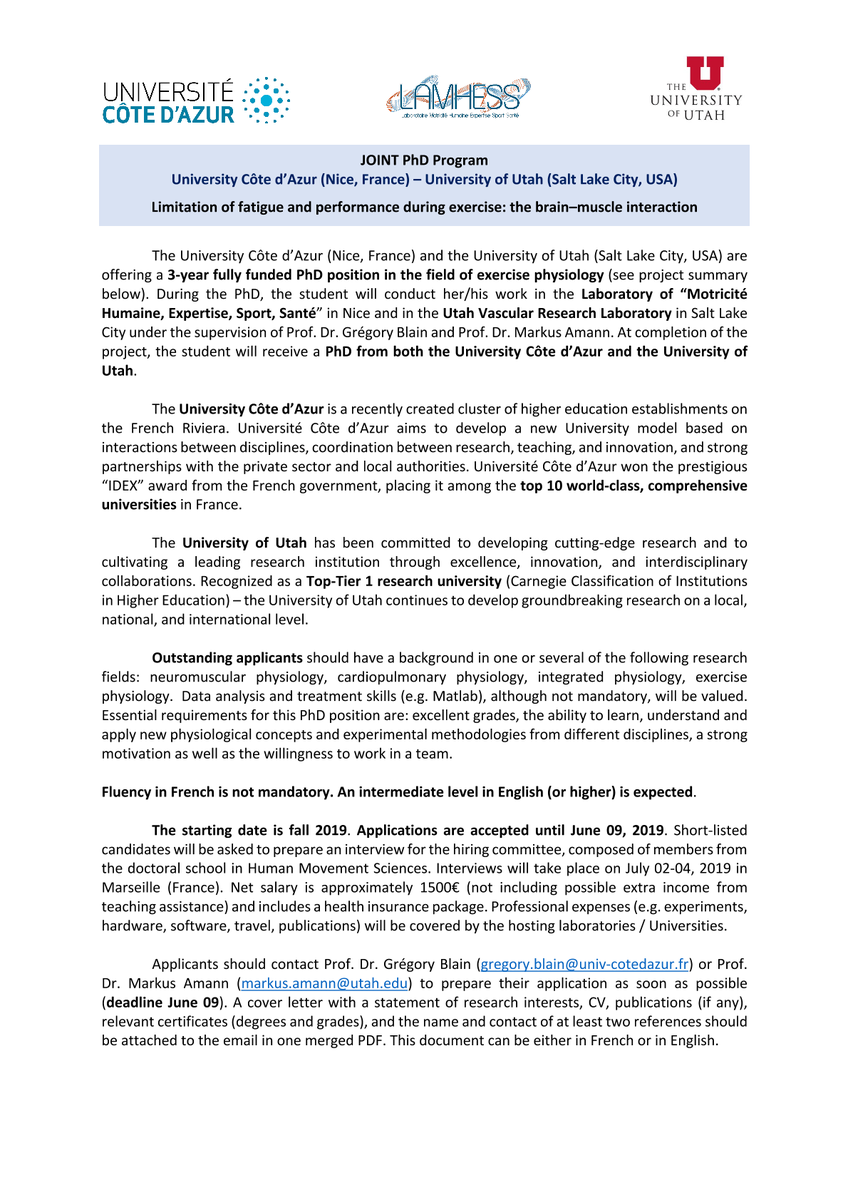 chaire_ActiFS's tweet photo. PhD opportunity in the field of exercise physiology "Limitation of fatigue & performance during exercise: the brain–muscle interaction"
#LAMHESS @uca_research University of Utah Vascular Research Laboratory (https://t.co/cVtw8VdHb6 )
deadline June 09
@gregoryblain https://t.co/1kt1Wnw60T