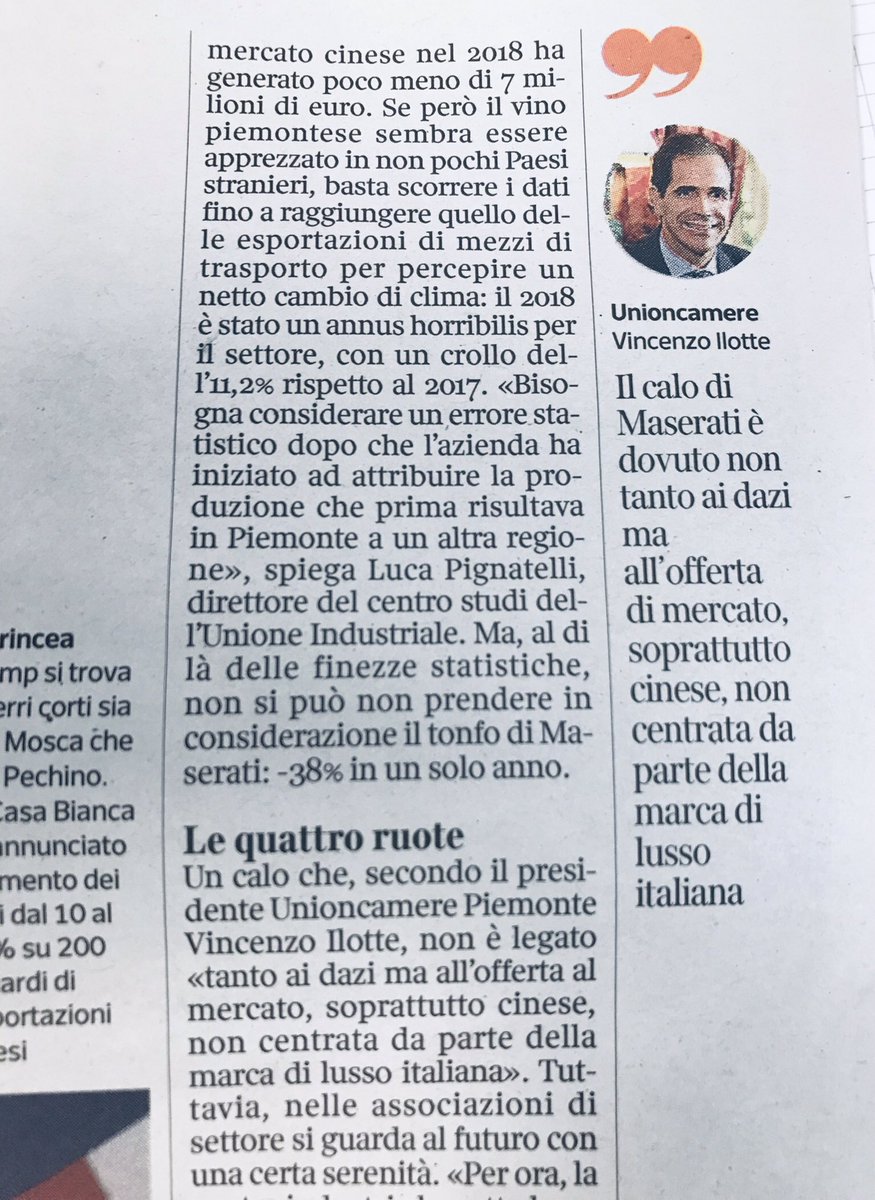 Unioncamere_Pie's tweet photo. Nel 2018 le vendite all’estero del #Piemonte sono rimaste invariate.
Oggi su @CorriereTorino il Presidente Vincenzo #Ilotte commenta le performance dell’#automotive e analizza il trend del segmento #lusso ✔️ https://t.co/Vv47zygwUQ