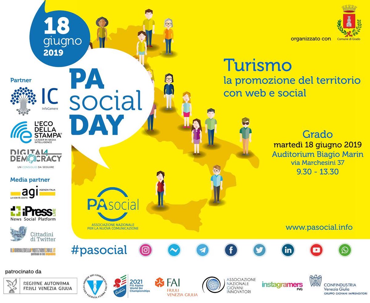 comunedigrado's tweet photo. Domani a Roma presentazione alla stampa della seconda edizione del #PASocialDay, e #Grado sarà tra le 18 città protagoniste con l’evento “Turismo: la promozione del territorio con web e social”, iscrizioni qui https://t.co/hjQGX5GK4R https://t.co/VpuCpdCQdy