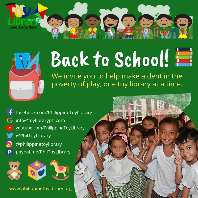 PhilToyLibrary's tweet image. Happy #BackToSchool 2019! 

Help us create more toy libraries nationwide. Visit our website philippinetoylibrary.org for more details! #LaroLikhaSaya