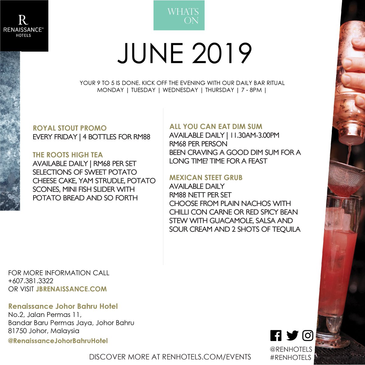 renaissancejb_'s tweet photo. Watch out for our June activities and indulge with us in your favourites! #rbar #renaissancejb #eveningsatrenaissance #mixthisway #renevenings https://t.co/Foy6dbGVS7
