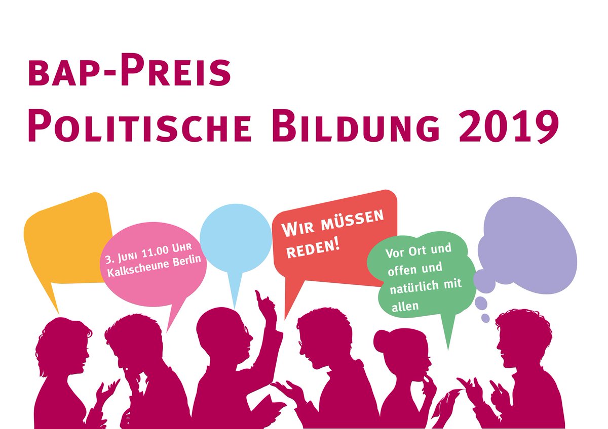 bap_de's tweet photo. #bappreis2019
Heute: Verleihung bap Preis Politische Bildung 2019
Wir müssen reden!“ Über gesellschaftlichen Zusammenhalt sprechen: vor Ort — offen — mit allen
in der #Kalkscheune, Berlin mit Unterstützung von und Förderung durch #bmfsfj und #bpb
#Demokratie #politischebildung https://t.co/hb5g890FOs