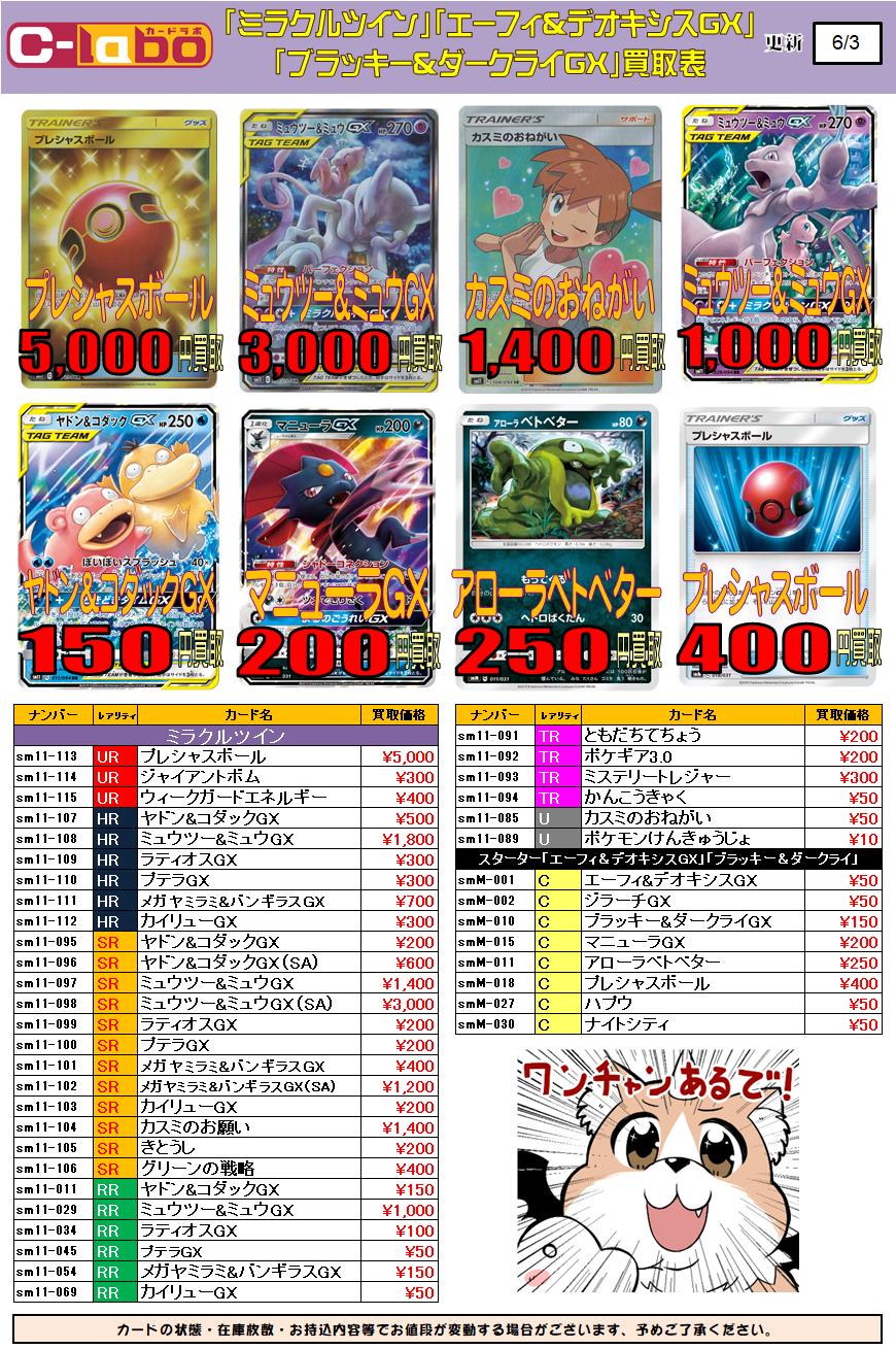 カードラボ八王子店 ポケモンカード 買取情報 おっすおっすポケカ担当です 新弾 ミラクルツイン の買取価格を調整しました Rr ミュウツー ミュウgx 1 000円 Rr ヤドン コダックgx 150円 プレシャスボール 400円 などなど 買取お待ちして