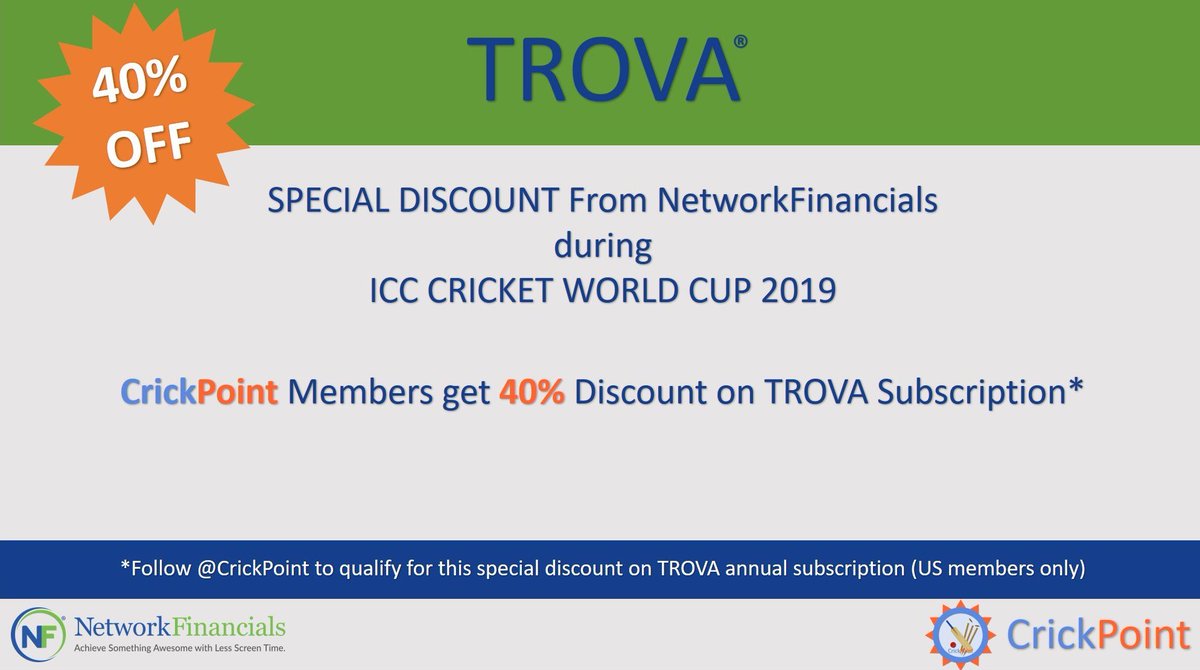 debipsahoo's tweet photo. ICC Cricket World Cup - 2019 is ON !!

We have Special Promotion on TROVA Subscription Exclusively for CrickPoint Members!

Follow #TeamIndia #ICC #CWC19 @CrickPoint  
to get this DISCOUNT."

#fintech #AI #Investing
#TrovaMembership #Unbiased #TrovaPlatform #NetworkFinancials https://t.co/9uQV43HBTG