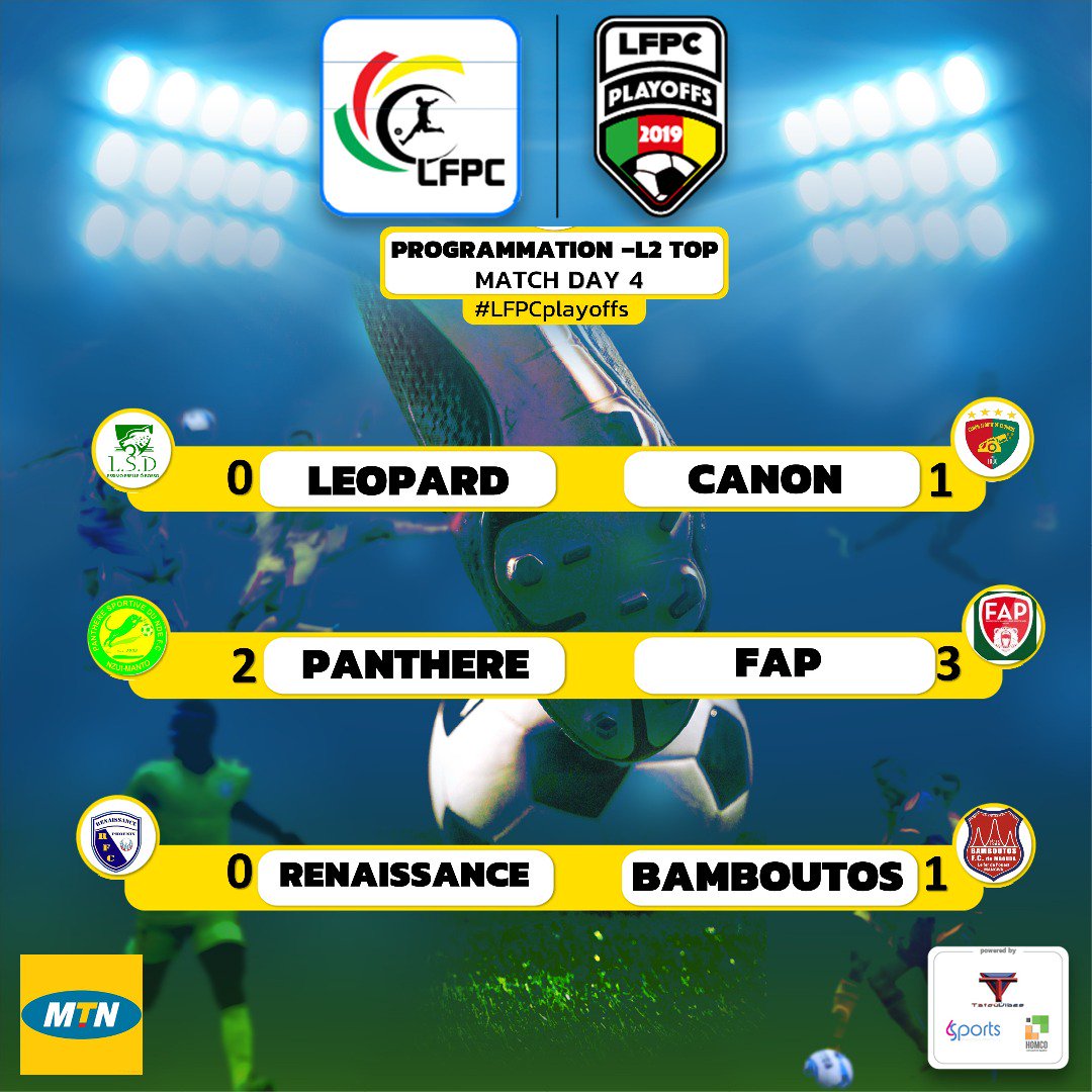 KamerfootTeam's tweet photo. #LFPC
#LFPCplayoffs
#L1Top & #L1Down
#L2Top & #L2Down
Résultats complets au terme de la
quatrième journée des #playoffs2019 qui se sont joués ce week-end à #Yaoundé et à #Limbé.
@lfpc_fr https://t.co/9d69j4k4CE