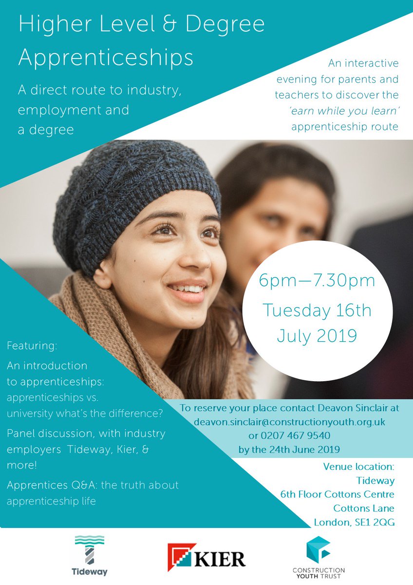 Parents &amp; teachers!
Join us for an evening exploring higher level &amp; degree apprenticeships!
Answering questions &amp; dispelling any myths about this direct route to industry, employment &amp; a degree Ft. <a href="/TidewayLondon/">Tideway</a>, <a href="/kierconstruct/">Kier Construction</a> &amp;more!
Tues 16th July, 6-7.30pm More info below!