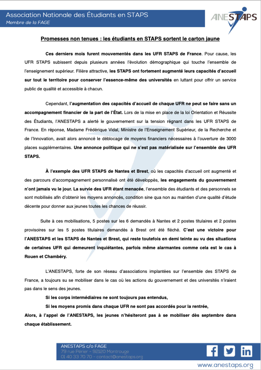 ANESTAPS's tweet photo. [Communiqué de Presse]

❌ Promesses non tenues : les étudiants en STAPS sortent le carton jaune 

Malgré les victoires obtenues à Nantes et Brest, la situation de certains UFR demeurent alarmantes ❌

Lire plus ➡️ https://t.co/zftOaZ74Ge https://t.co/CmeQkWwAAb