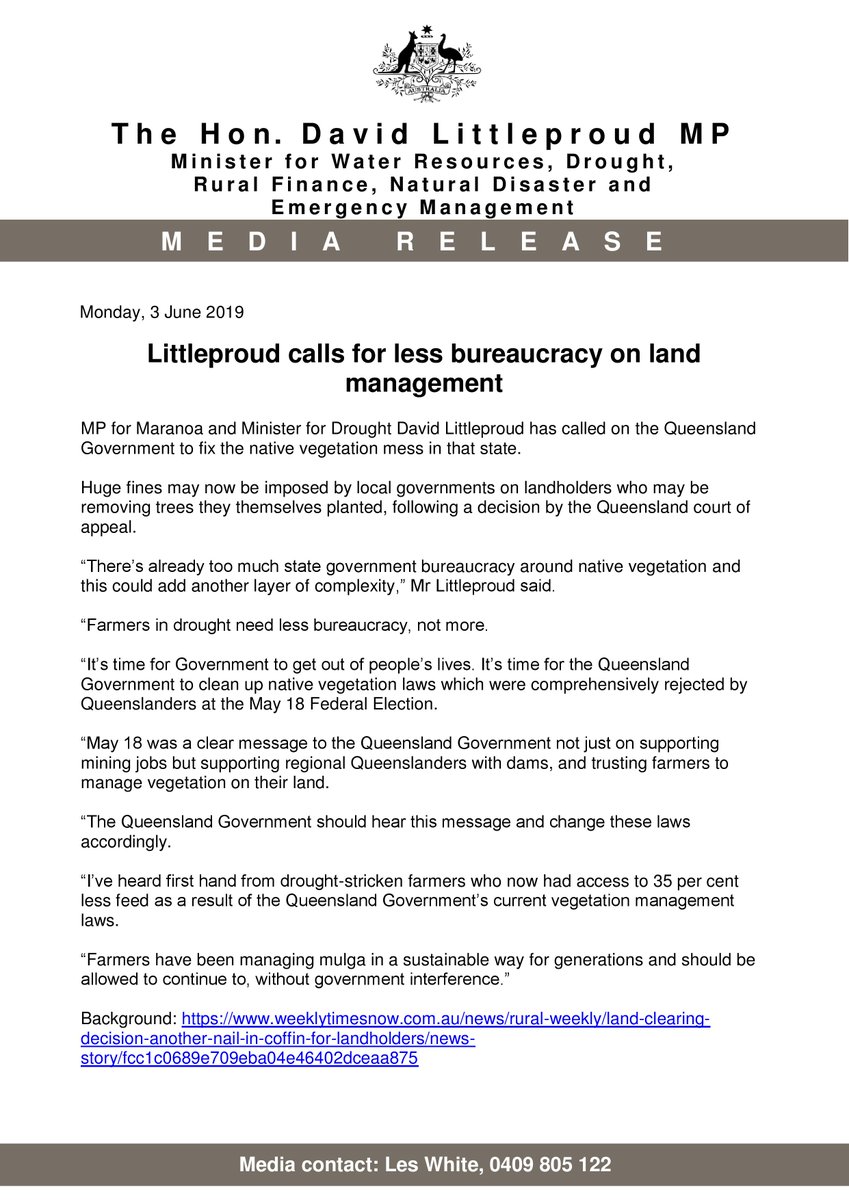 MP for Maranoa and Minister for Drought David Littleproud has called on the Queensland Government to fix the native vegetation mess in that state.