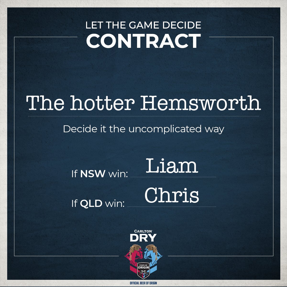 Hey <a href="/chrishemsworth/">Chris Hemsworth</a> &amp; <a href="/LiamHemsworth/">Liam Hemsworth</a> how bout we @LetTheGameDecide and settle this once and for all? #ORIGIN 
secure.letthegamedecide.com