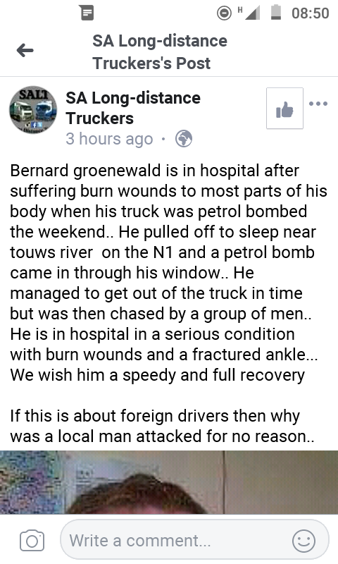 SAgenocide's tweet photo. Bernard Groenewald in hospital with severe burn wounds after the truck he was in was petrol bombed. https://t.co/xM6S0mmWGg