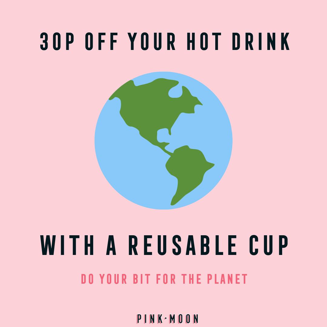 30p of any takeaway hot drink if you use your own reusable cup! Help us help the planet! 💙🌍
• 
Pink Moon Cafe 
• 
• 
• 
#pinkmoon #cafe #reuse #discount #coffee #hotdrink #takeaway