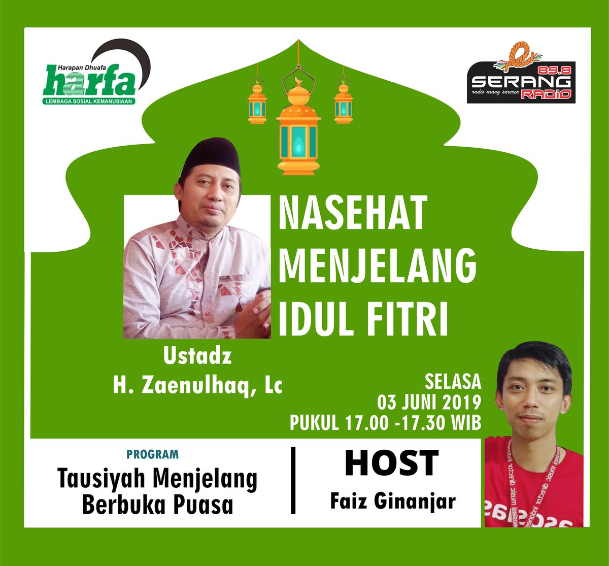 Royal / Romadhon Lobakeun Amal. 
Live setiap hari selama bulan suci ramadan pukul 17.00 - 17.30 wib
Bersama <a href="/laz/">Laz Fuentes🎖</a>.harfa
Senin, 03 Mei 2019
Tema : Nasehat Menjelang Idul Fitri.
Bersama Ustadz H. Zaenulhaq, Lc
Host : @ginanjarwisnu898

#serangRadio #lazharfabanten #LazHarfa