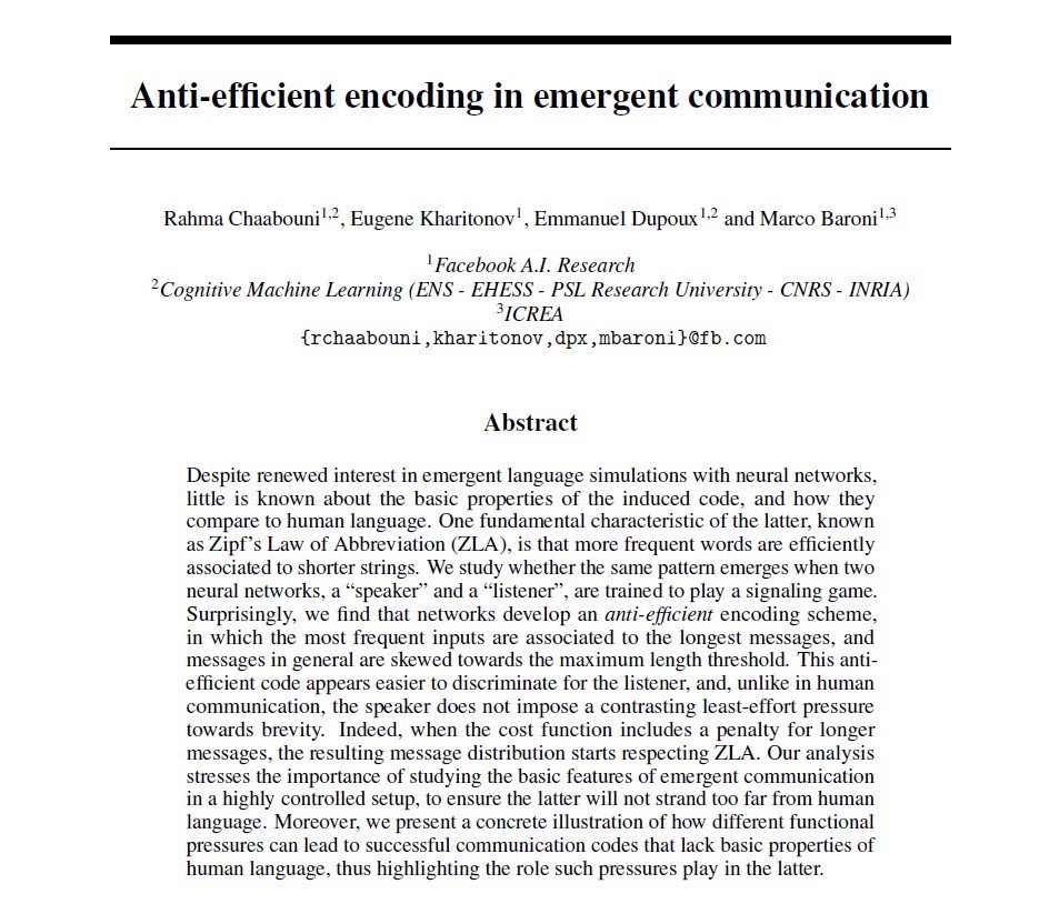 Language simulation with neural network shows emergence of patterns *opposite* to Zipf's Law of Abbreviation, i.e. anti-efficiency - arxiv.org/abs/1905.12561. Mirrors what we (<a href="/rapha_heesen/">Raphaela Heesen</a> <a href="/NakedPrimate/">Cat Hobaiter</a> <a href="/rferrericancho/">R. Ferrer-i-Cancho🎗</a>) found in chimp body signals royalsocietypublishing.org/doi/10.1098/rs….