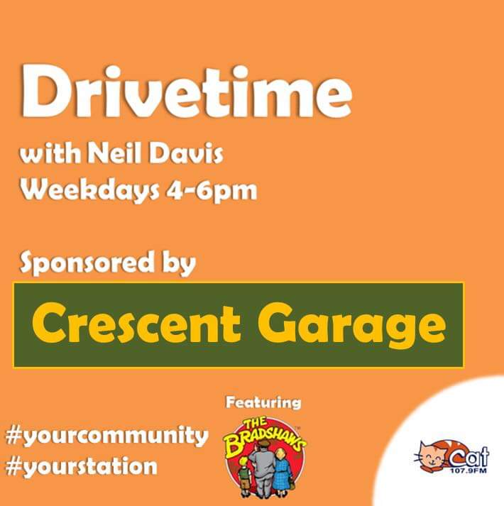 thecat1079's tweet photo. At 4 Drivetime with Neil Davis
Sponsored by Crescent Garage, Nantwich
Music,news,showbiz,traffic & travel updates to get you home & The Bradshaws.
Listen on 107.9FM or online https://t.co/SIarOhiOwq & the TuneIn app
#YourCommunity
#YourStation https://t.co/W7IQaUxQ01