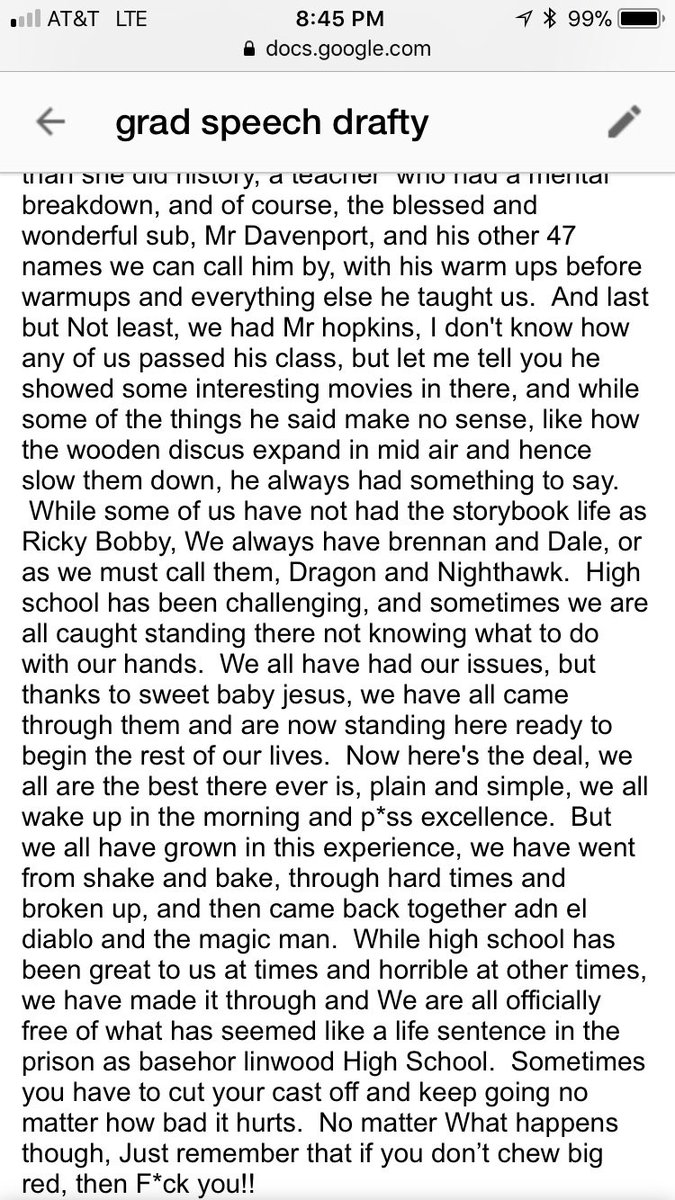 Here it is. Possibly the greatest grad speech ever written. It’s worth the read I promise #talladeganights