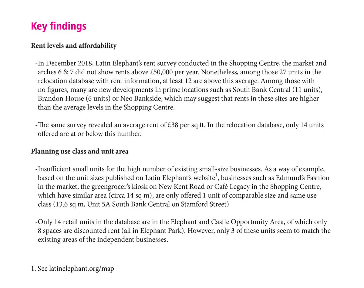 elephant_petit's tweet photo. Key findings:

-Only half of the units offered in the database with rent information are at or below existing rent levels (some rents offered are above £100,000pa)
-Insufficient number of small retail spaces on offer
-Only 14 are in #ElephantandCastle https://t.co/Zp7jjGpNiY