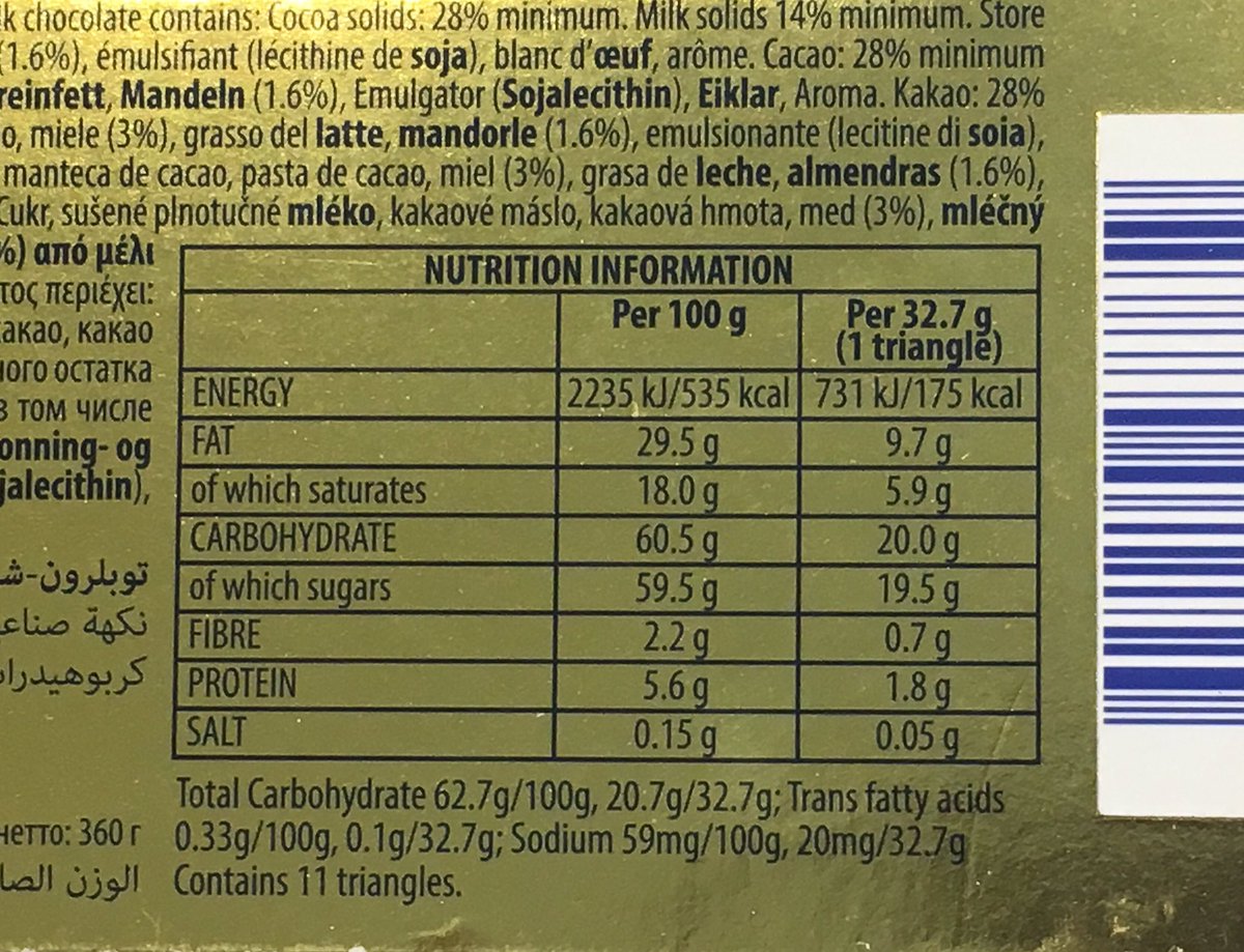 funwisemath's tweet photo. Math Mindfulness ™Monday: always get Toberlone in duty free shops after a trip. Look at the nutrition label on the Toberlone we purchased at the Cancun airport. #math #maths #mathmindfulness #funmath https://t.co/bzyDl7ZqaA
