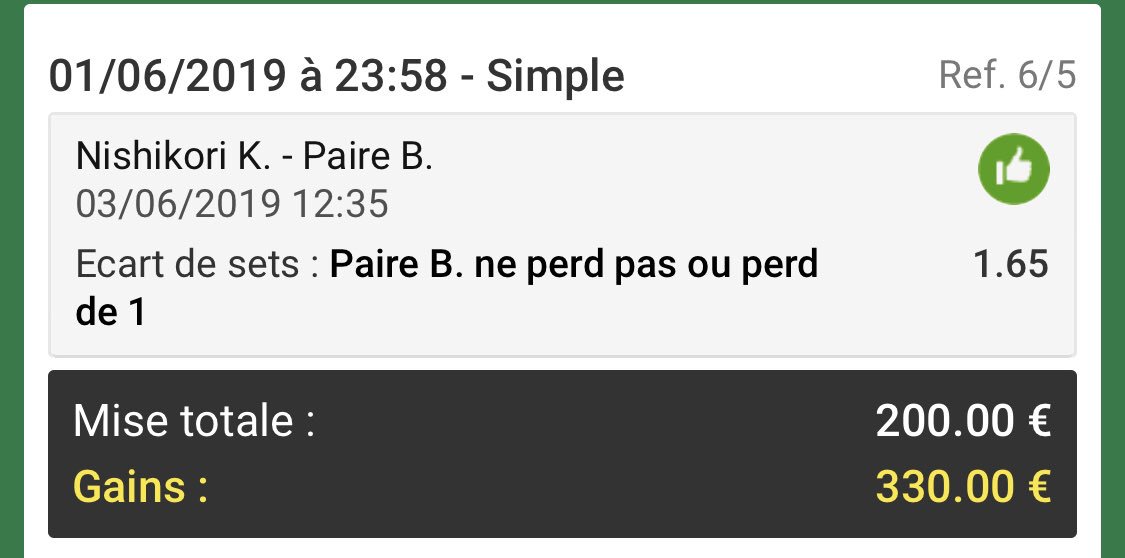 BoozPronos's tweet photo. 🎾 Roland-Garros 🎾

Benoit Paire gagne ou perd d'un set coté à 1.65 ✔️✔️✔️

Ci joint le bilan de la 1er semaine 😁

J'espère que vous êtes chaud pour la suite il va falloir se sortir les doigts du c** pour cliquer sur le bouton RT

À 500 j'envoi, à vous de jouer ! https://t.co/pBgxJTHze1