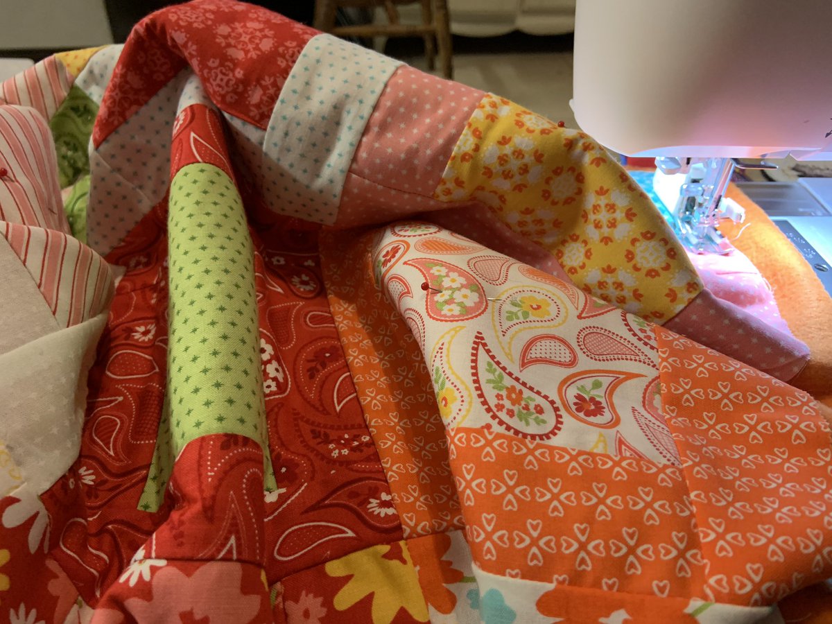 Nice bright quilt is ready except for the binding. Material for that arriving tomorrow. Have to start back now at the soccer Patchwork blocks I’ve been ignoring. I’m sure it’ll be nice but not feeling the love