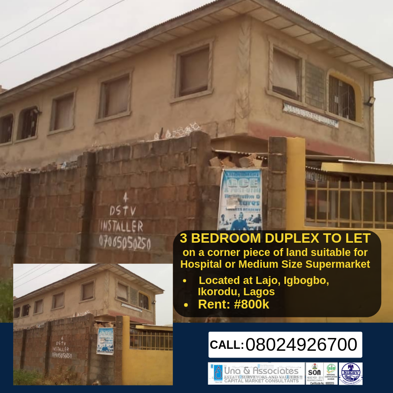 Una_Associates's tweet photo. A 3 BEDROOM DUPLEX TO LET on a corner piece of land suitable for Hospital or Medium Size Supermarket located at Lajo, Igbogbo, Ikorodu, Lagos.
Rent: #800k

For enquiries and viewing, please call @dadaoluwatosin3 on 08024926700 https://t.co/Lvp076VOXm