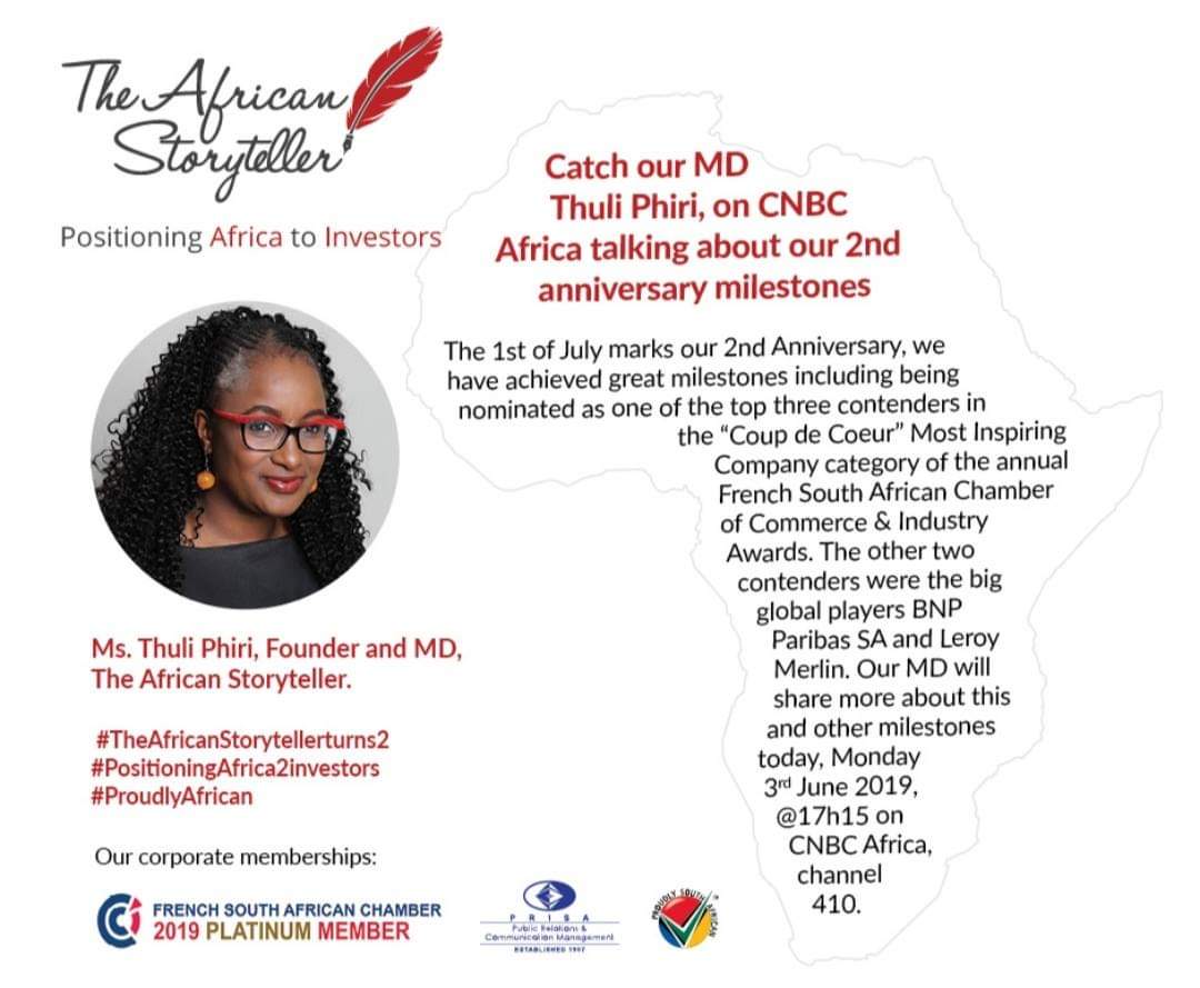 FSACCI Cape Town (@fsacci_cpt) on Twitter photo Ms. Thuli Phiri, MD of The African Story Teller will be talking about the 2ns anniversary milestones of <a href="/TAST_SA/">The African Storyteller</a> on <a href="/cnbcafrica/">CNBC Africa</a>, today at 17h15.
Don't miss her!
#TheAfricanStoryTellerTurns2
#FSACCIMembers Ms. Thuli Phiri, MD of The African Story Teller will be talking about the 2ns anniversary milestones of <a href="/TAST_SA/">The African Storyteller</a> on <a href="/cnbcafrica/">CNBC Africa</a>, today at 17h15.
Don't miss her!
#TheAfricanStoryTellerTurns2
#FSACCIMembers