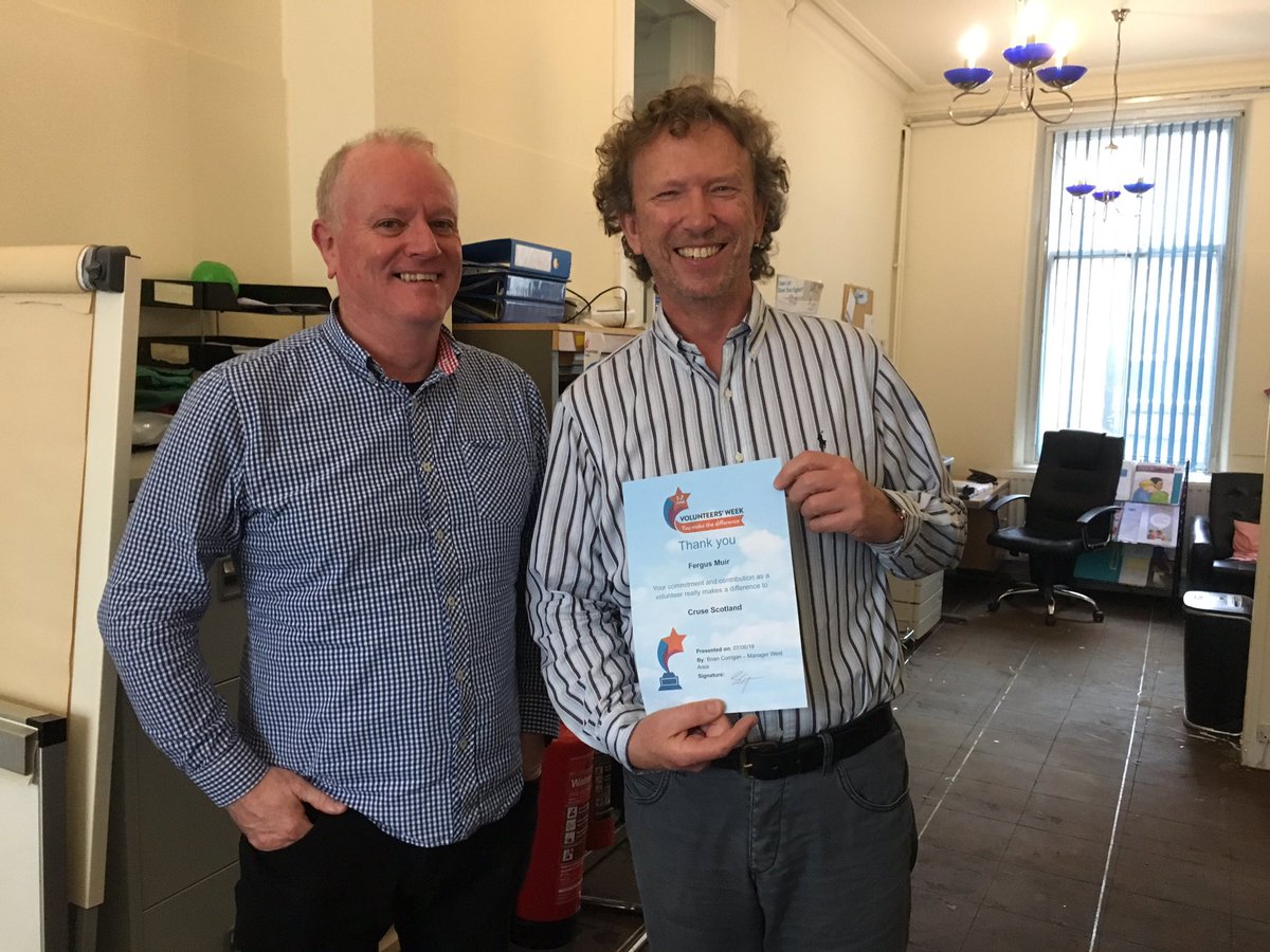 CruseScot_help's tweet photo. West area manager Brian Corrigan @CruseScot_West handing out a certificate to a fantastic @CruseScot_West volunteer celebrating #VolunteersWeek2019 @CruseScotland https://t.co/1ktVYMhBhj