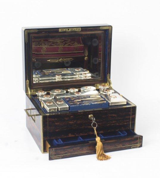 Regent_Antiques's tweet photo. Wonderful #antique #silver dressing case which is a Victorian lady’s #coromandel brass banded and brass inlaid travelling #dressingcase. Manufactured by Leuchars of 38 Piccadilly in London and is dated circa 1870. https://t.co/P4VuF4Qwht #antiques #antiquecase #antiqueart #boxes https://t.co/x7fbsRFaOV
