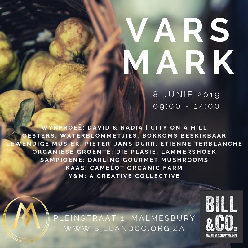 Kom geniet ons vars mark Saterdag 8 Junie in die Swartland. <a href="/DavidandNadia/">David&Nadia</a> en City on a Hill gaan huidige oesjare skink. Ons plaaslike boere en entrepreneurs bring hulle vars produkte en lewendige musiek deur Pieter-Jans Durr, Etienne Terblanche. #farmersmarket #food #wine