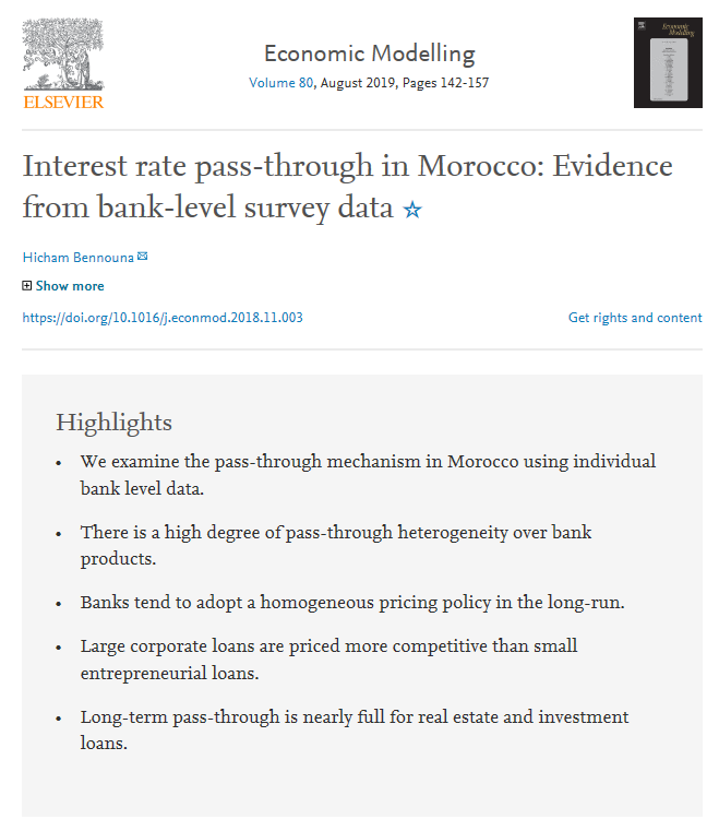 HichamBennouna_'s tweet photo. I am pleased to announce that the final version of my article "Interest rate pass-through in Morocco: Evidence from bank-level survey data" is now available in the August 2019 issue of Economic Modelling.

Please find attached the link to the article : https://t.co/BxMmXI2zsE https://t.co/b8Ds1Peo1M