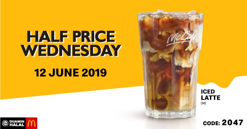 McDMalaysia's tweet photo. “Benda boleh bayar separuh, buat apa bayar penuh!!“ Cari kami hari Rabu di McCafe untuk Iced Latte Separuh Harga!! https://t.co/8hlC54KlHx