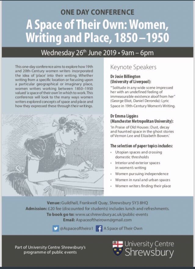 Aspaceoftheiro1's tweet image. Our conference is on 26th June @ucshrewsbury @EnglishUCS Sign up for a place now via ucshrewsbury.ac.uk/public-events #placewriting #victorian #modern #english #conference