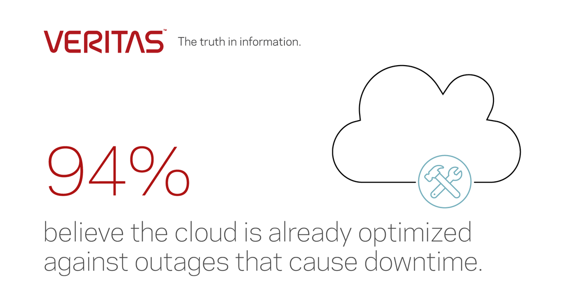 VeritasTechLLC's tweet image. 94% of IT professionals believe cloud services are optimized against outages that cause downtime. They’re not. Download the Truth in Cloud report: vrt.as/2HGK2bC #TransformYourBiz
