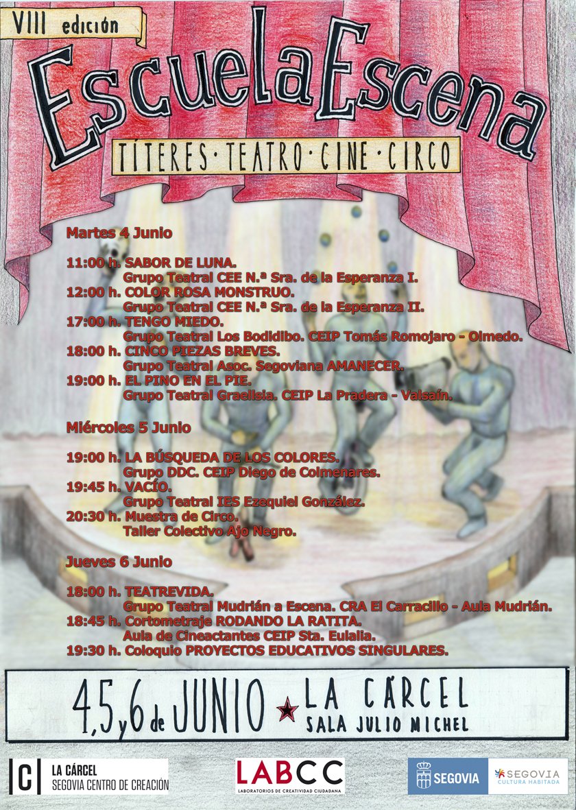 CarcelSegovia's tweet photo. Mañana comienza la VIII #Muestra #EscuelaEscena de teatro hecho por niños, niñas y jóvenes, con cosas muuuuuuy interesantes que se adentran también en el cine, la música en directo o el circo. Entradas (1€), en la taquilla de #LaCárcel.  

#LABCC @segovia_es @segoviajoven https://t.co/fJ6sNHPQQ2